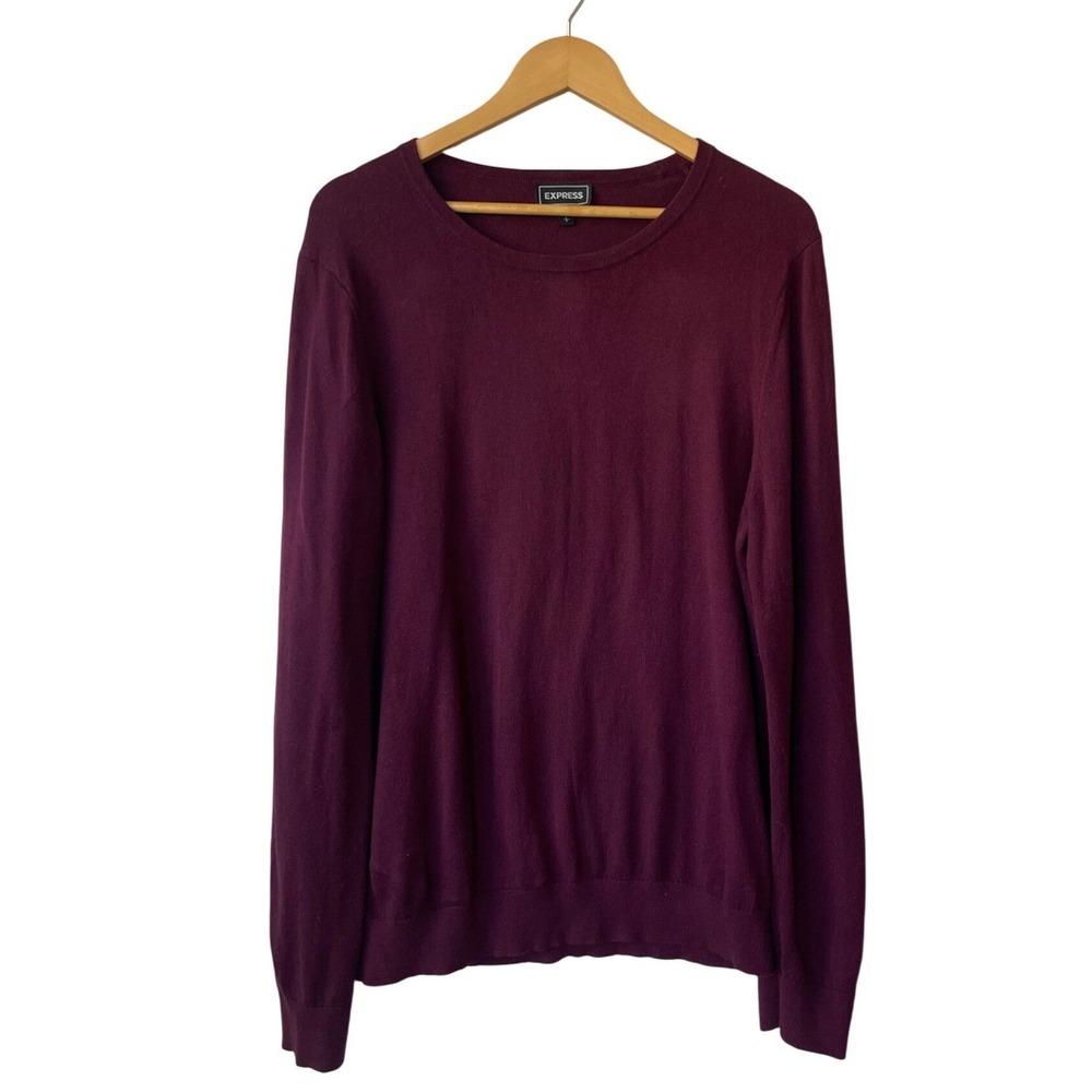 Express Mens Burgundy Crew Neck Sweater Size L‎ Cotton Cashmere Modern Preppy